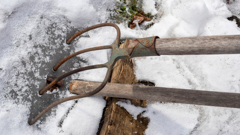 A pitchfork piercing ice in winter