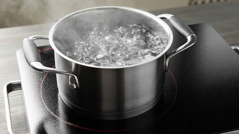 A pot of boiling water on stove