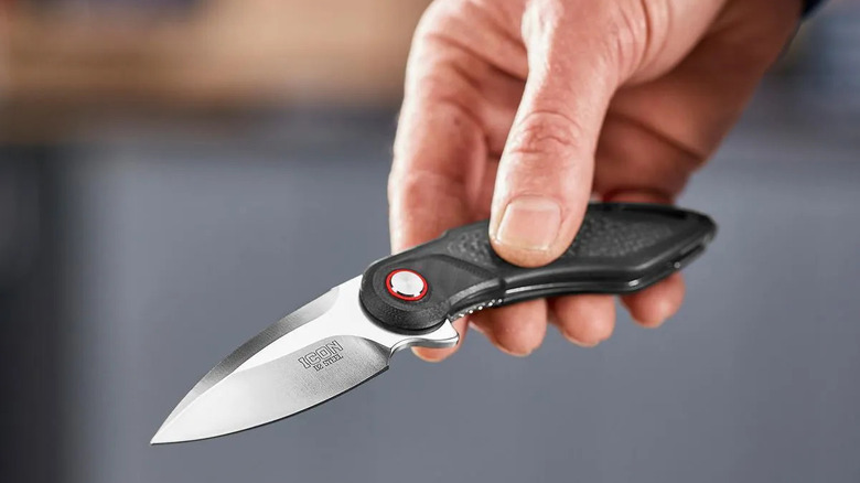 A hand is shown holding an Icon Drop Point Knife