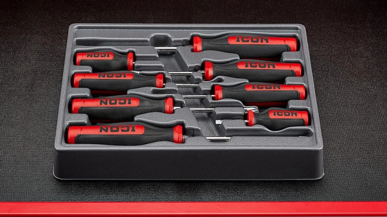 An Icon Professional Mechanics Screwdriver Set sits in a tool storage drawer
