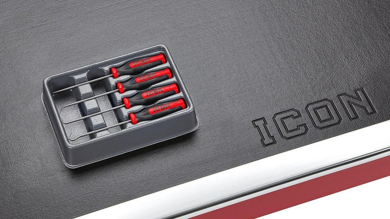 A set of Icon Professional Mini Soft-Grip Pick and Hook tools sits in an open tool storage drawer