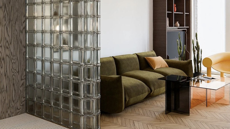 Home interior divider wall made from glass blocks.