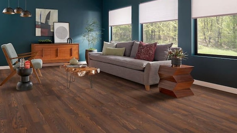 Pergo brown laminate flooring installed in a living room