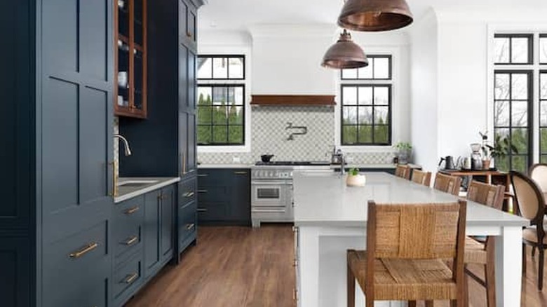 Antique mahogany luxury vinyl flooring in a modern kitchen