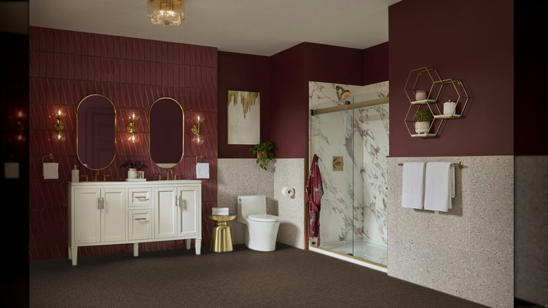 Mocha brown carpeting in a modern bathroom
