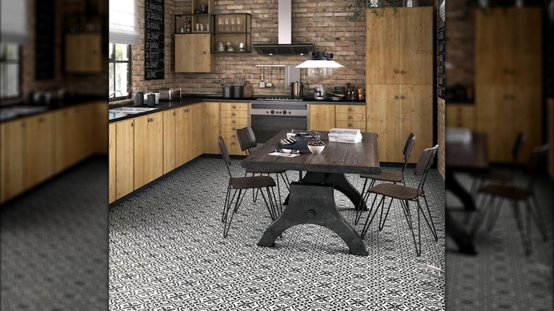 Patterned mocha and white floor tiles in a kitchen