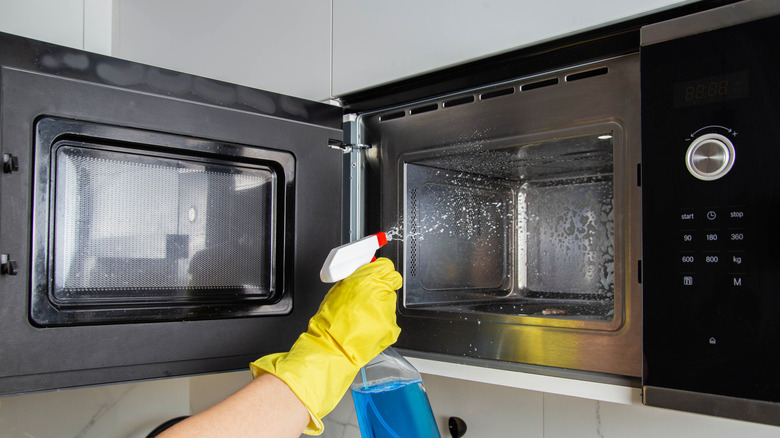 Close up of person spraying blue cleaner into open microwave