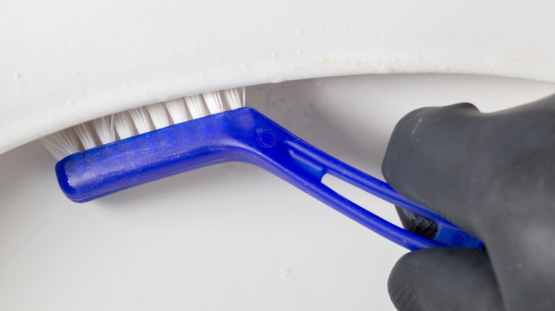 Close up of a hand cleaning a toilet with an angled brush