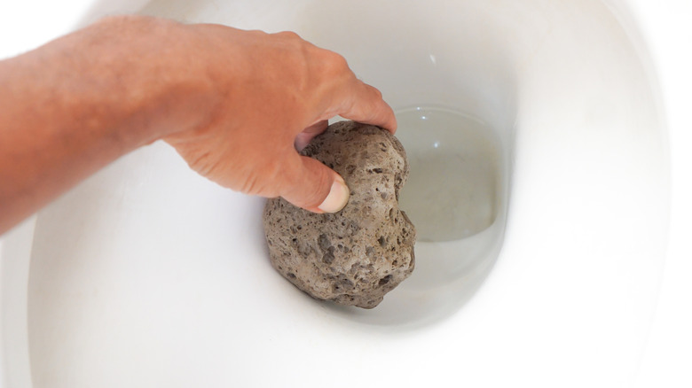 A hand cleaning a toilet with a pumice stone