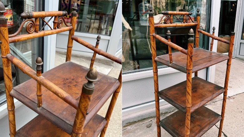 A split screen of a burnt bamboo etagere from the Victorian era.
