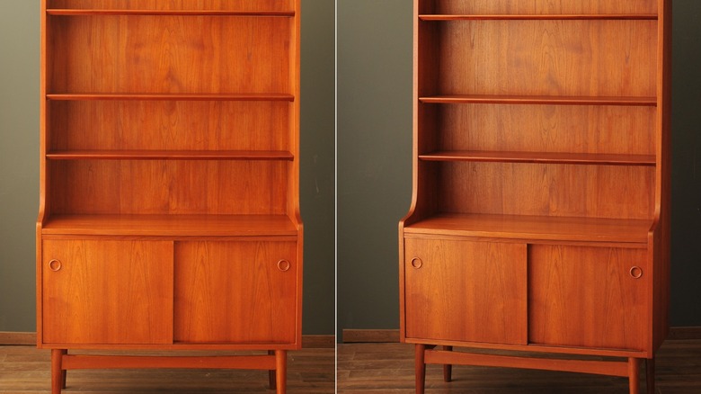 A split screen of a Danish Teak bookcases at different angles.