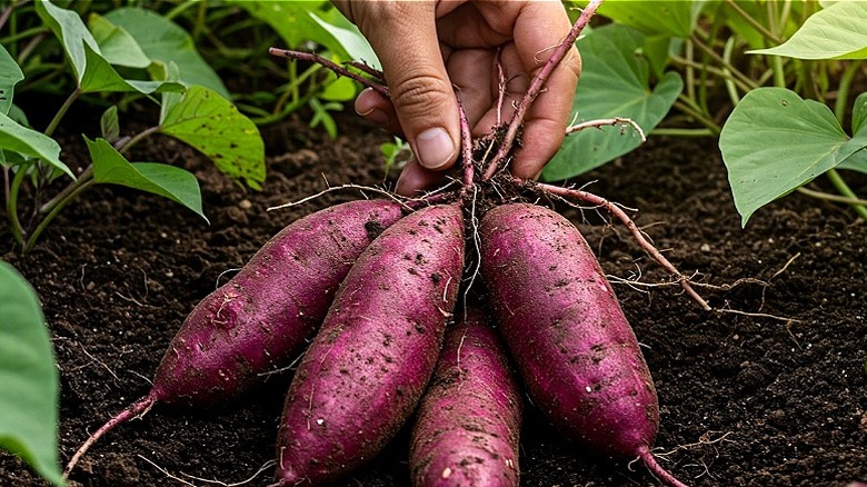 Hand pulling out purple sweet potatoes from the ground