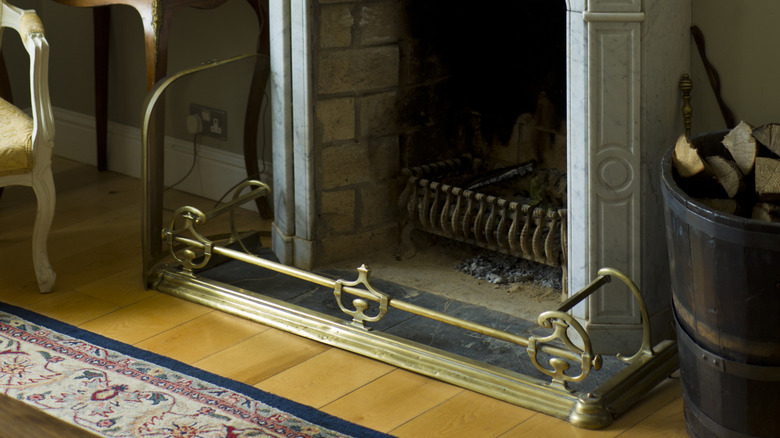 Vintage fireplace fender next to marble fireplace