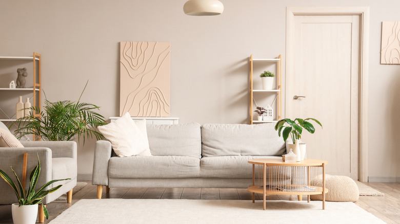 A stylish gray couch and white rug in a warm gray living room.