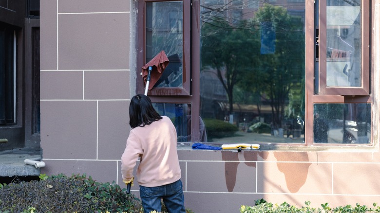 Woman cleaning window with long brush and cloth