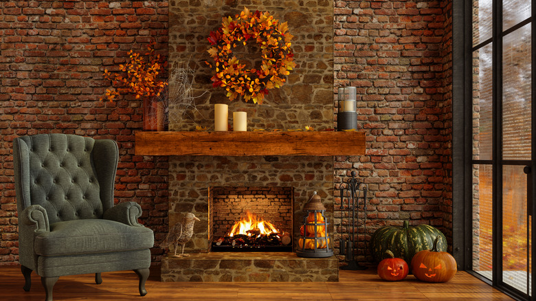 Fireplace decorated for fall