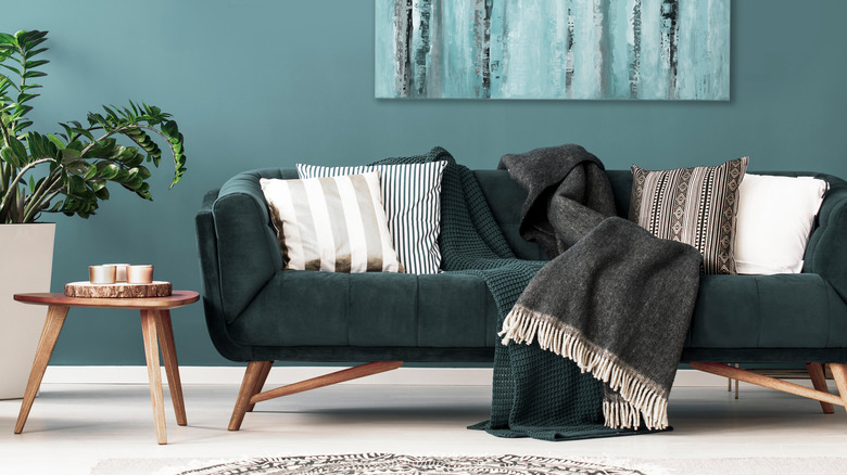 living room with dark couch