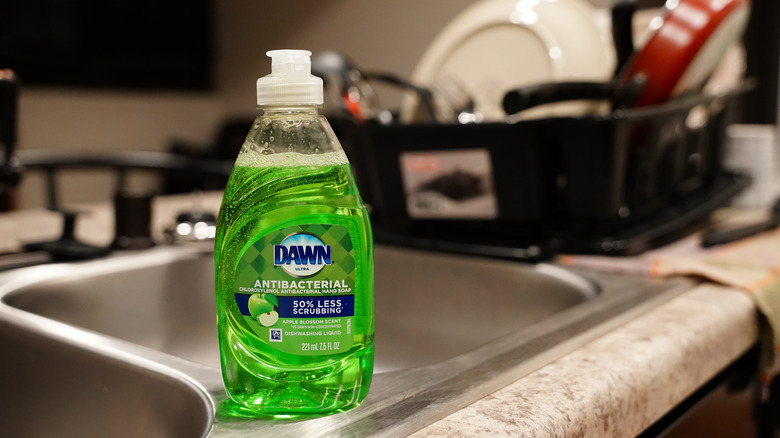 A bottl of Dawn dish soap on a kitchen sink