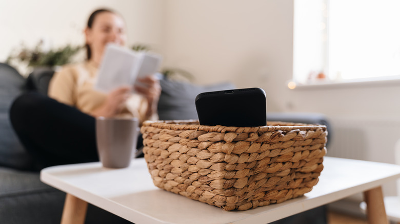 Woman reading book from basket 