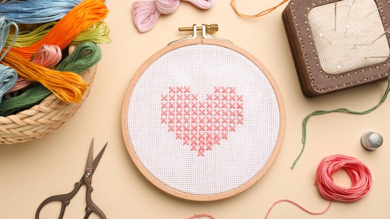 heart design on embroidery hoop