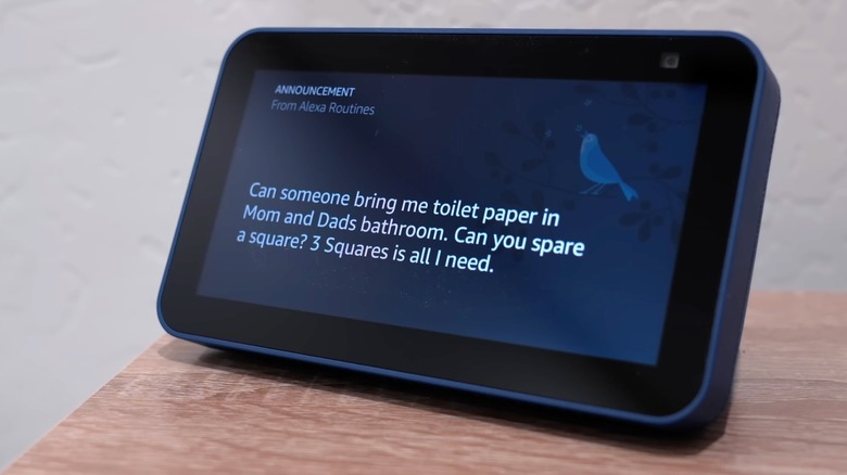 Closeup of Alexa Show screen displaying an annoucement