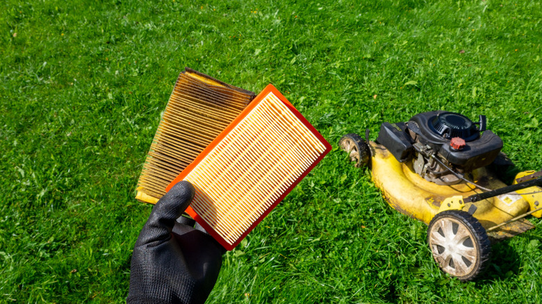 Person looking at lawn mower air filters