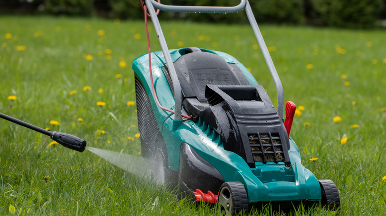 Person power washing lawn mower