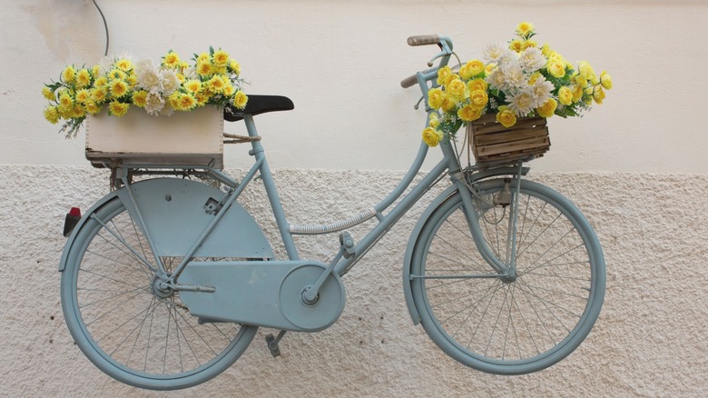 Yellow flowers in bicycle baskets 