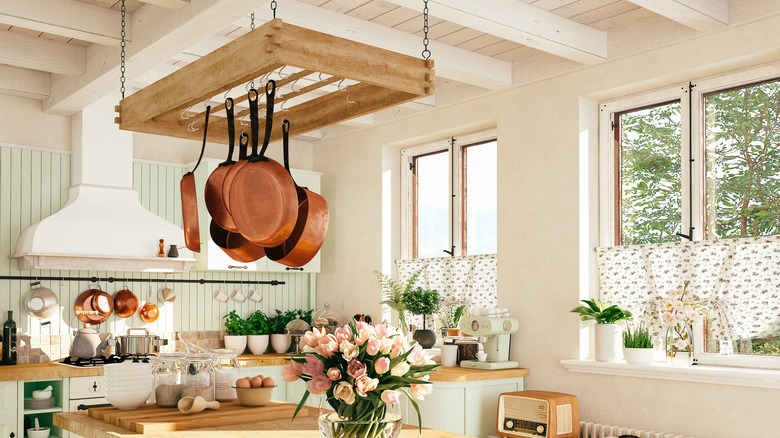 kitchen with hanging pots
