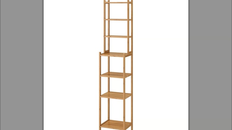 Narrow light brown bamboo shelving