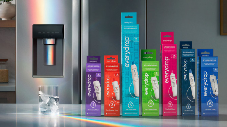 Everydrop water filters lined up on a kitchen counter