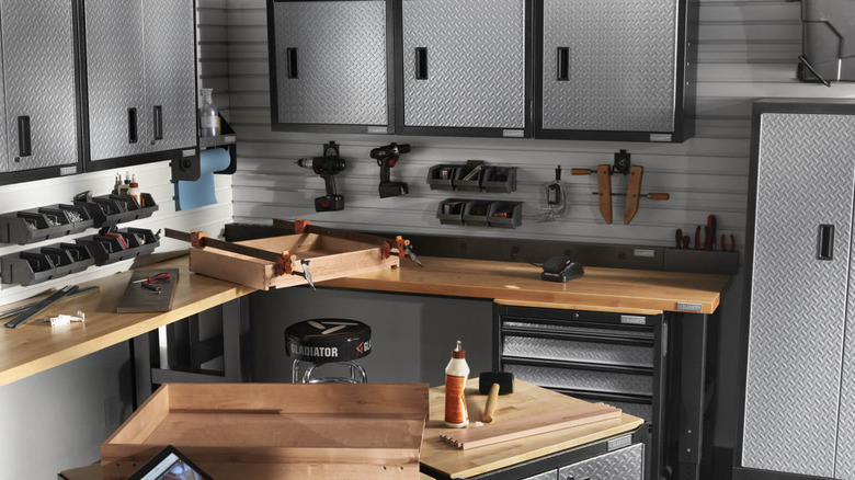 A garage organized well with various Gladiator products
