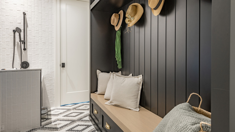 Mudroom with hat racks, bench seating with storage, and dog wash station.
