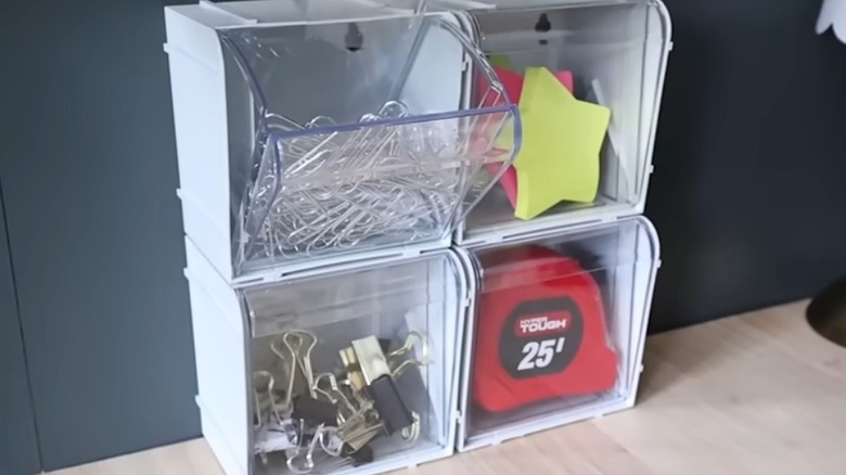 stackable tilt bins filled with desk essentials