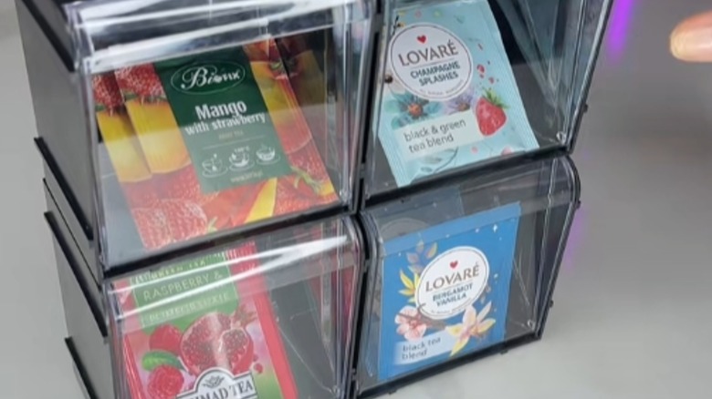 stackable tilt bins filled with tea bags