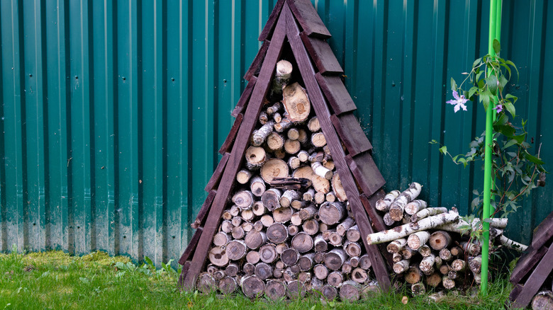 A triangle of firewood against a shed in a yard.