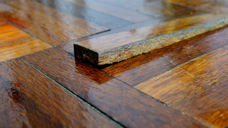 Close up of risen wooden plank on floor
