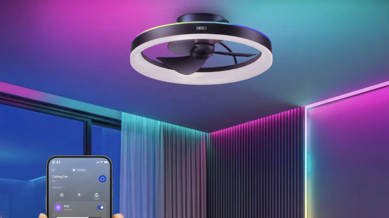Shot showing a person controlling Dreo's 20-inch Smart LED Fandelier via their smartphone