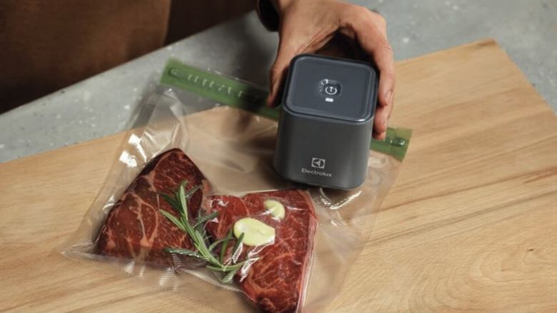 A person using Electrolux's Handheld Rechargeable Food Sealer and Vacuum Pump