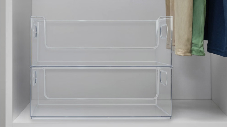 Clearly's Open Front Closet Storage Bins on a closet shelf