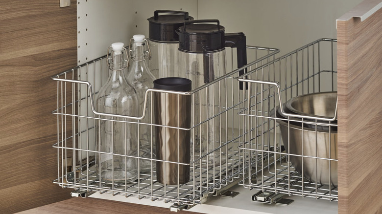 Close-up showing Trinity's Wire Baskets with Slides in a cabinet