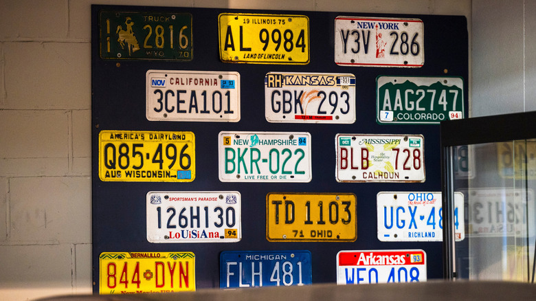 License plates mounted on a board to create patio art.