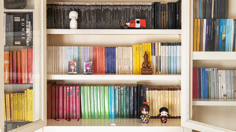 Books color coordinated on a bookshelf