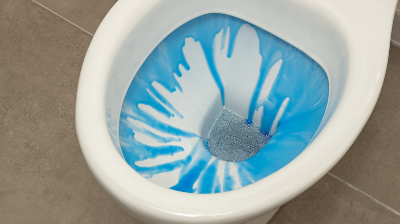 Blue stains from toilet cleaner in a toilet bowl.