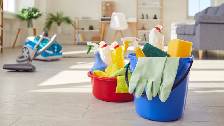 Cleaning supplies in a bucket.