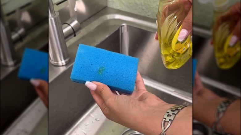 A professional cleaner pouring Oxydol soap on a sponge.