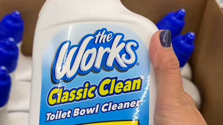 A woman holding the Dollar Tree toilet bowl cleaner.