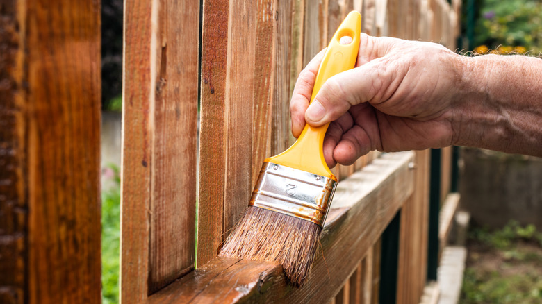 A painter applying stain to a wood fence