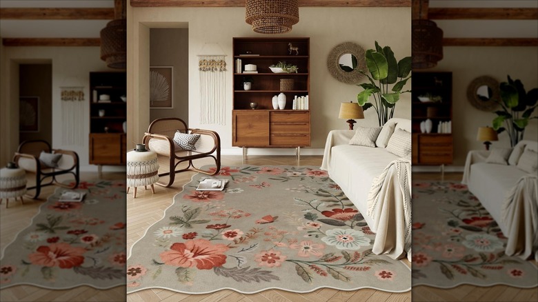 A floral rug with a scalloped border is on the floor of a stylish living room
