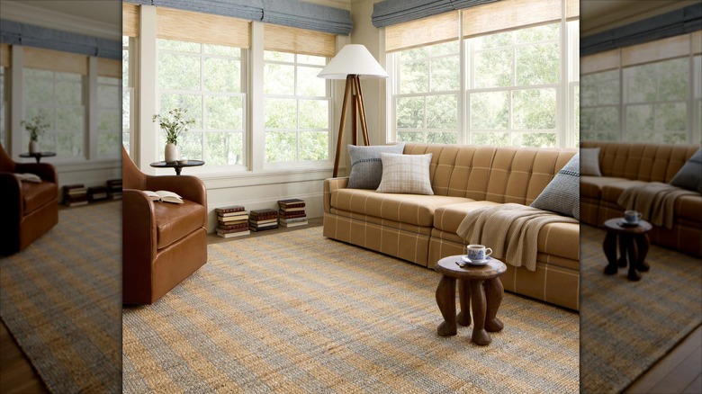 A blue and natural striped rug coordinates with furniture and window treatments in a light filled sitting room